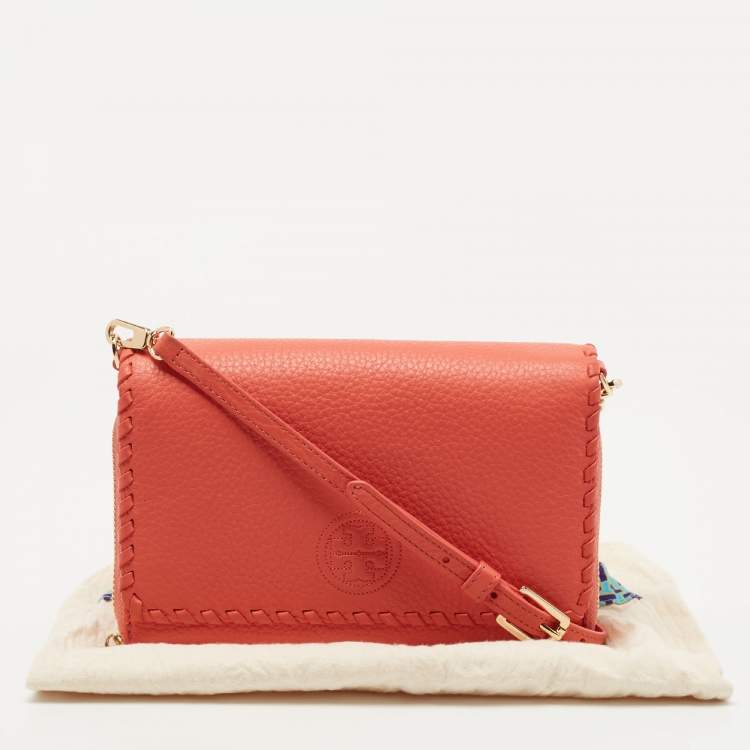 Pre Owned Tory Burch Orange Leather Marion Flap Crossbody Bag 