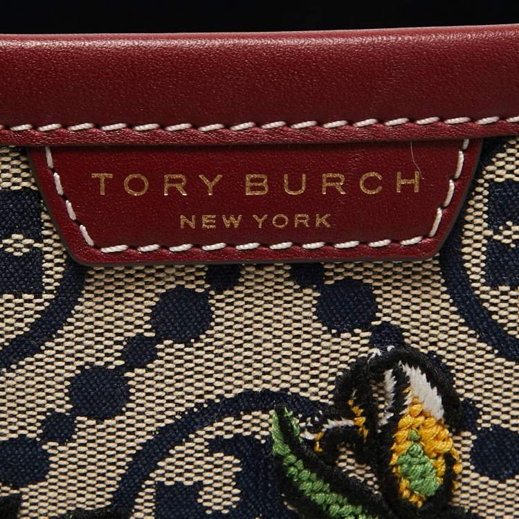 Pre Owned Tory Burch Burgundy Embroidered T Monogram Canvas and Leather Large Perry Tote
