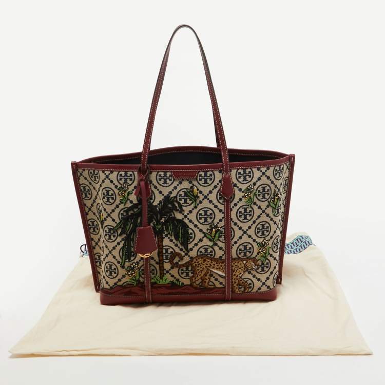 Pre Owned Tory Burch Burgundy Embroidered T Monogram Canvas and Leather Large Perry Tote