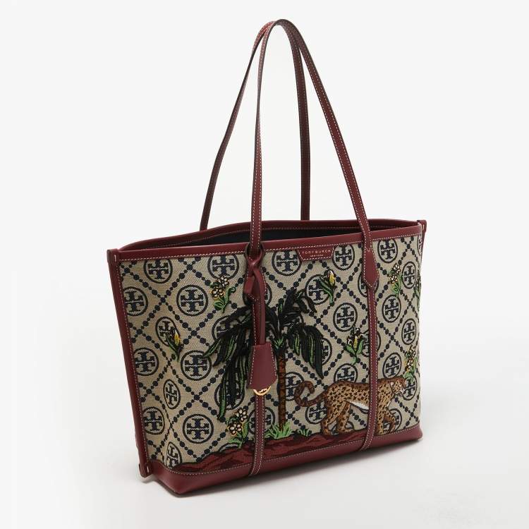 Pre Owned Tory Burch Burgundy Embroidered T Monogram Canvas and Leather Large Perry Tote