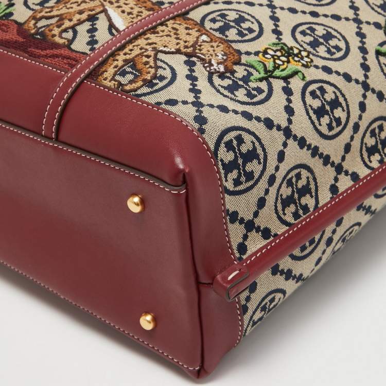 Pre Owned Tory Burch Burgundy Embroidered T Monogram Canvas and Leather Large Perry Tote