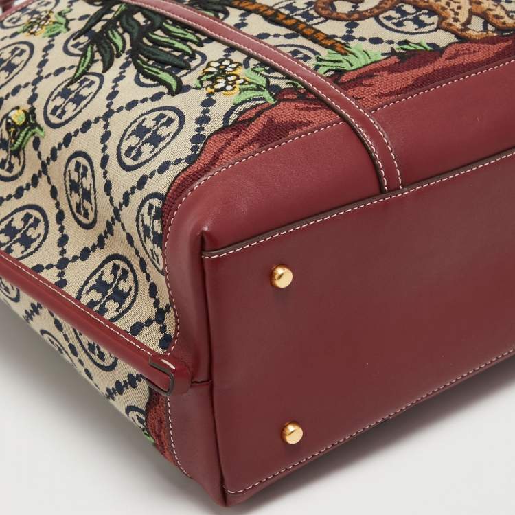 Pre Owned Tory Burch Burgundy Embroidered T Monogram Canvas and Leather Large Perry Tote