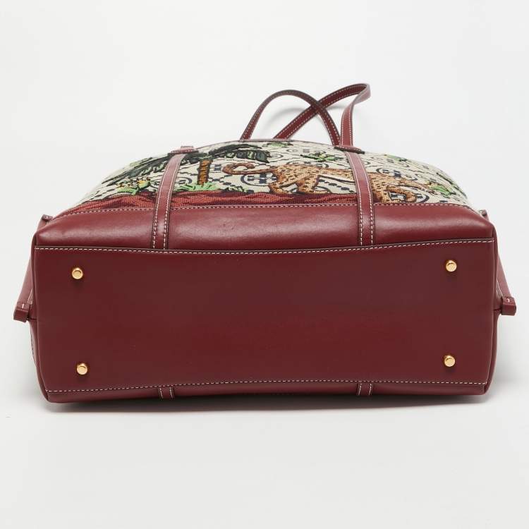 Pre Owned Tory Burch Burgundy Embroidered T Monogram Canvas and Leather Large Perry Tote