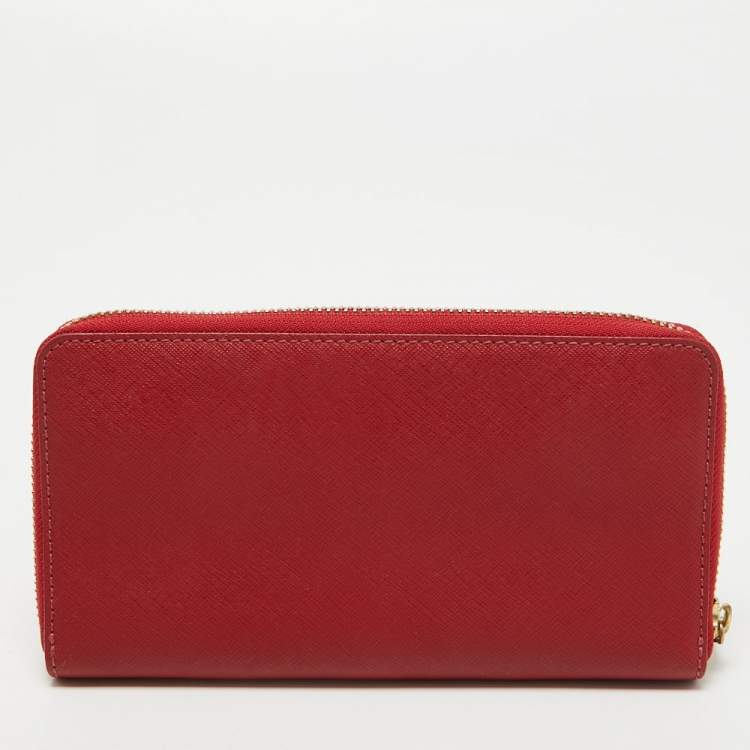 Pre Owned Tory Burch Red Saffiano Leather Robinson Zip Around Wallet