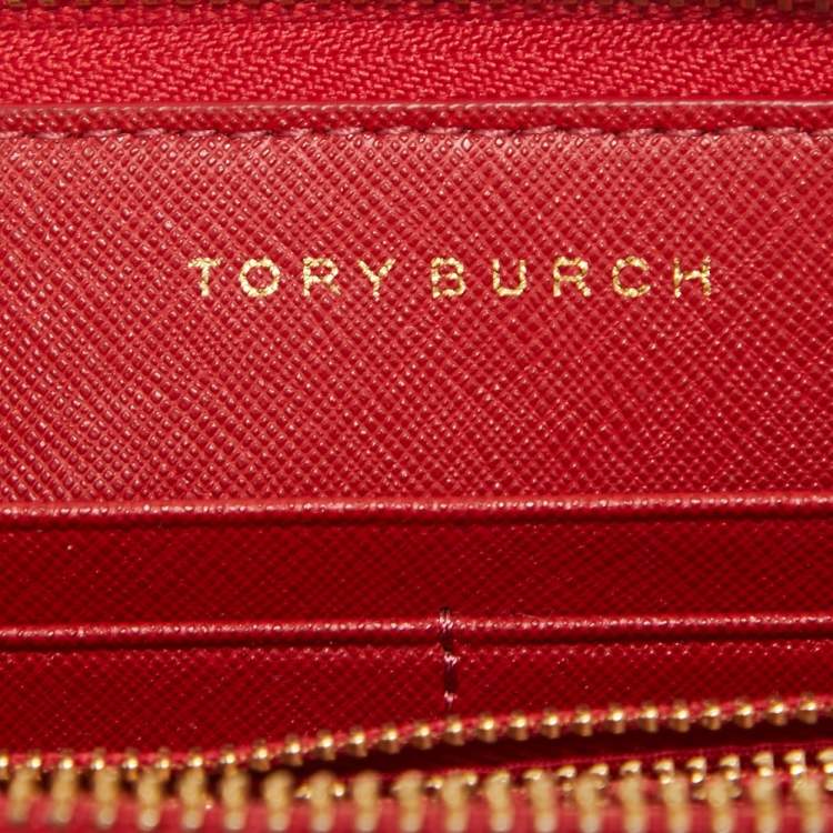 Pre Owned Tory Burch Red Saffiano Leather Robinson Zip Around Wallet