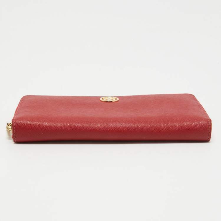 Pre Owned Tory Burch Red Saffiano Leather Robinson Zip Around Wallet