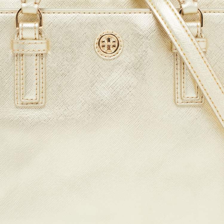 Pre Owned Tory Burch Gold Leather Robinson Top Zip Tote