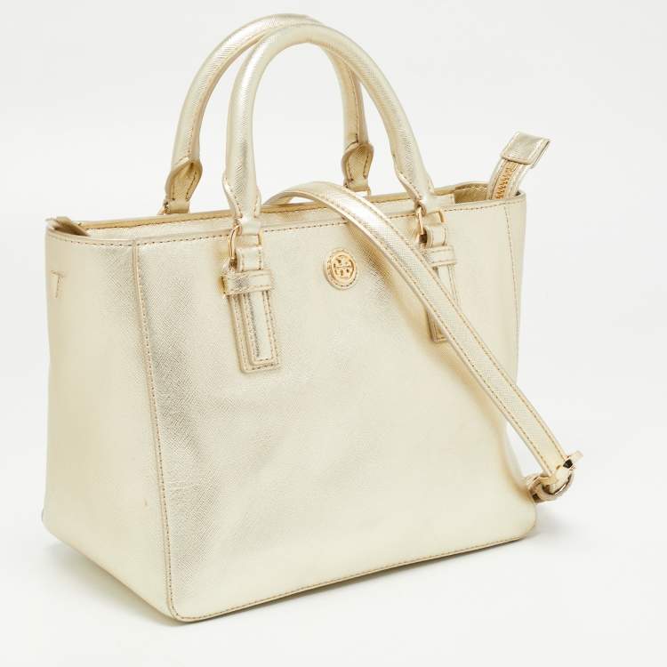 Pre Owned Tory Burch Gold Leather Robinson Top Zip Tote