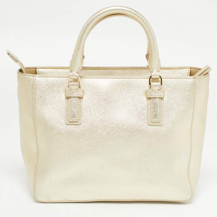 Pre Owned Tory Burch Gold Leather Robinson Top Zip Tote