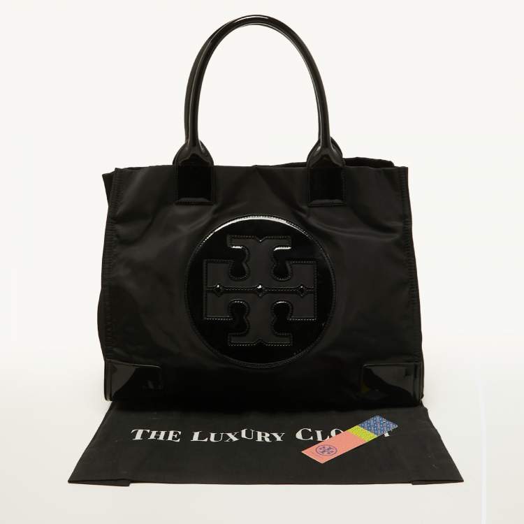 Pre Owned Tory Burch Black Nylon and Patent Leather Ella Tote
