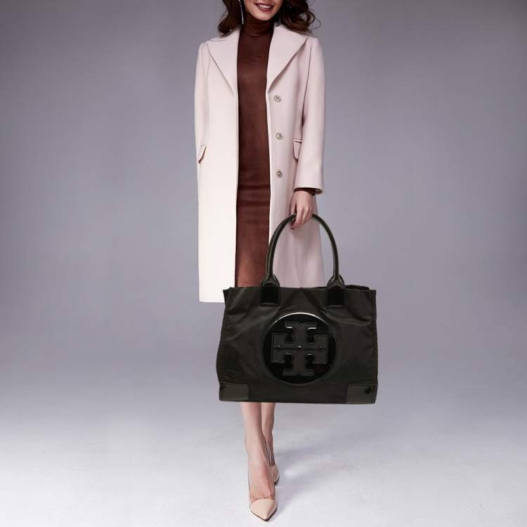 Pre Owned Tory Burch Black Nylon and Patent Leather Ella Tote
