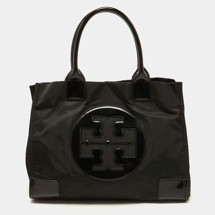 Pre Owned Tory Burch Black Nylon and Patent Leather Ella Tote