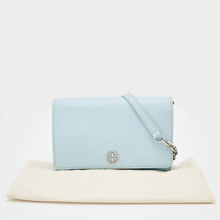Pre Owned Tory Burch Light Blue Saffiano Leather Robinson Wallet On Chain