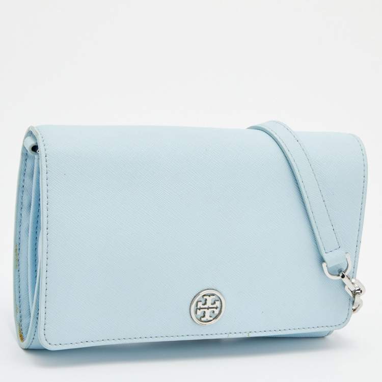 Pre Owned Tory Burch Light Blue Saffiano Leather Robinson Wallet On Chain