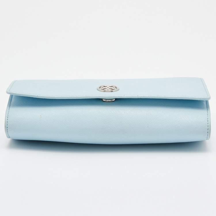 Pre Owned Tory Burch Light Blue Saffiano Leather Robinson Wallet On Chain