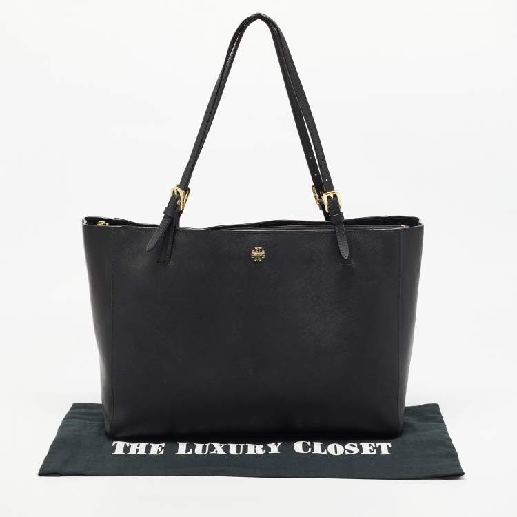 Pre Owned Tory Burch Black Leather Large York Buckle Shopper Tote