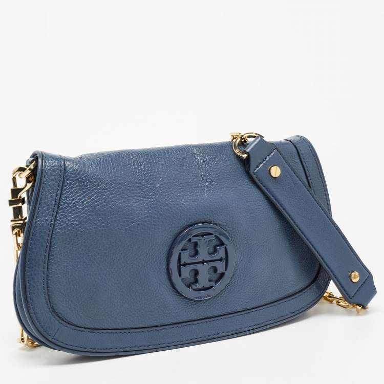 Pre Owned Tory Burch Blue Leather Reva Chain Clutch