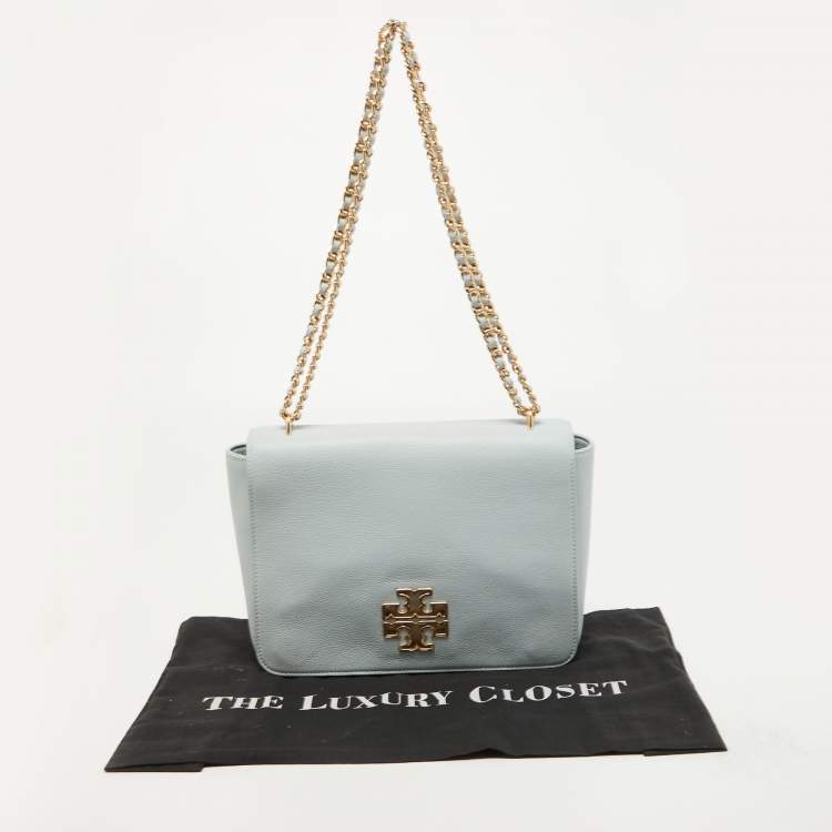 Pre Owned Tory Burch Sky Blue Leather Large Britten Flap Shoulder Bag