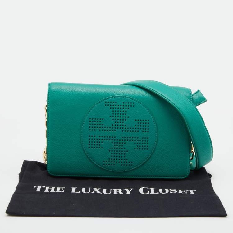 Pre Owned Tory Burch Green Leather Perforated Kipp Crossbody Bag