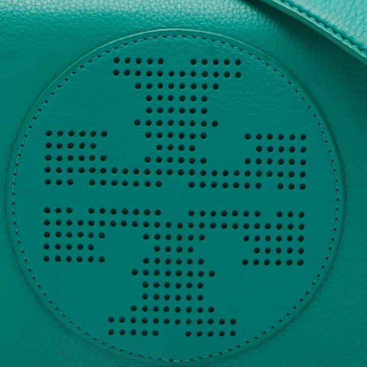 Pre Owned Tory Burch Green Leather Perforated Kipp Crossbody Bag