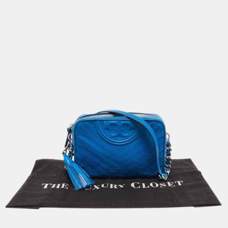 Pre Owned Tory Burch Blue Chevron Leather Fleming Camera Crossbody Bag