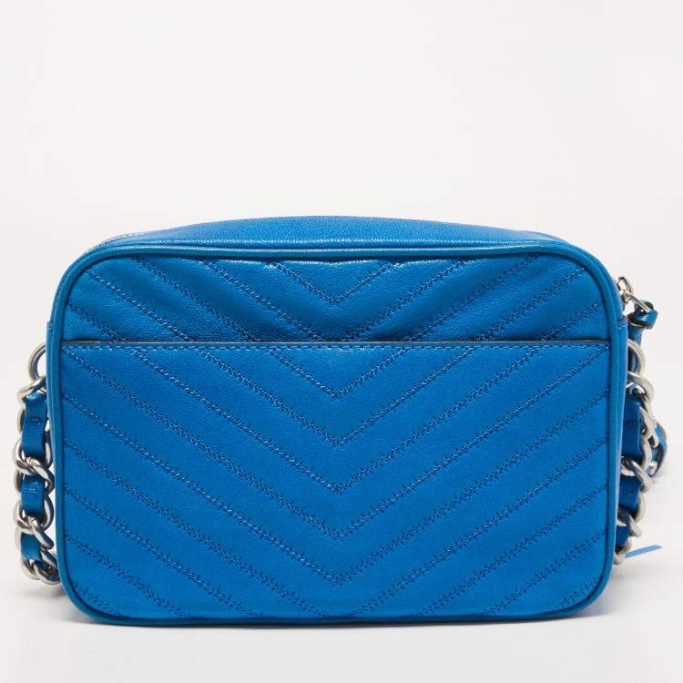 Pre Owned Tory Burch Blue Chevron Leather Fleming Camera Crossbody Bag