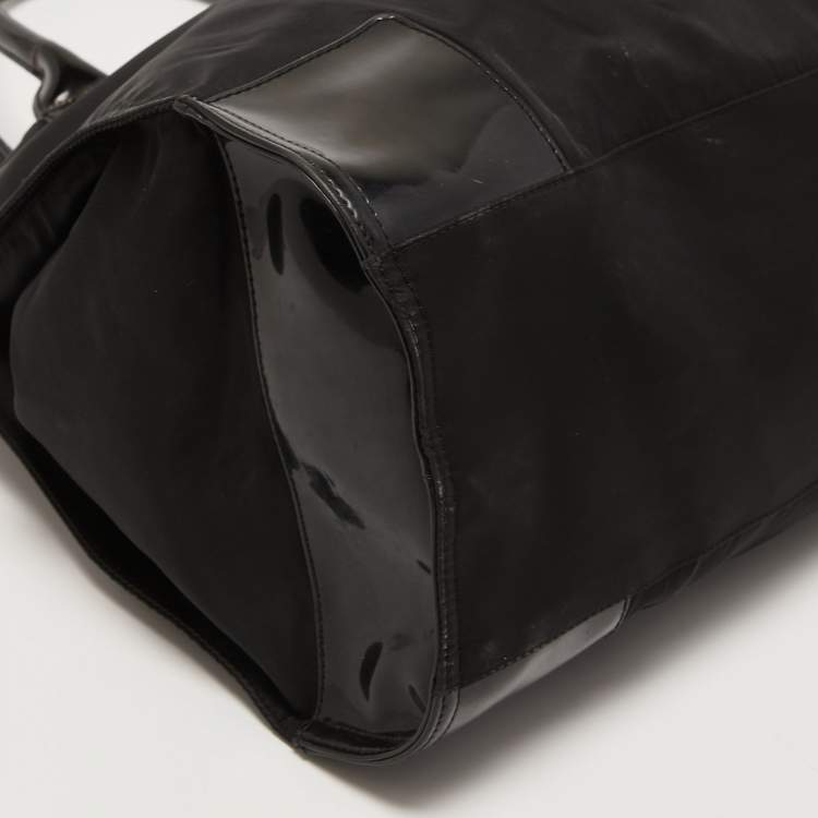 Pre Owned Tory Burch Black Patent Leather and Nylon Large Ella Tote