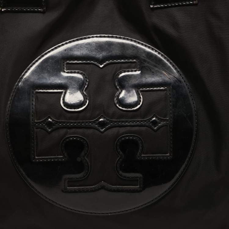 Pre Owned Tory Burch Black Patent Leather and Nylon Large Ella Tote