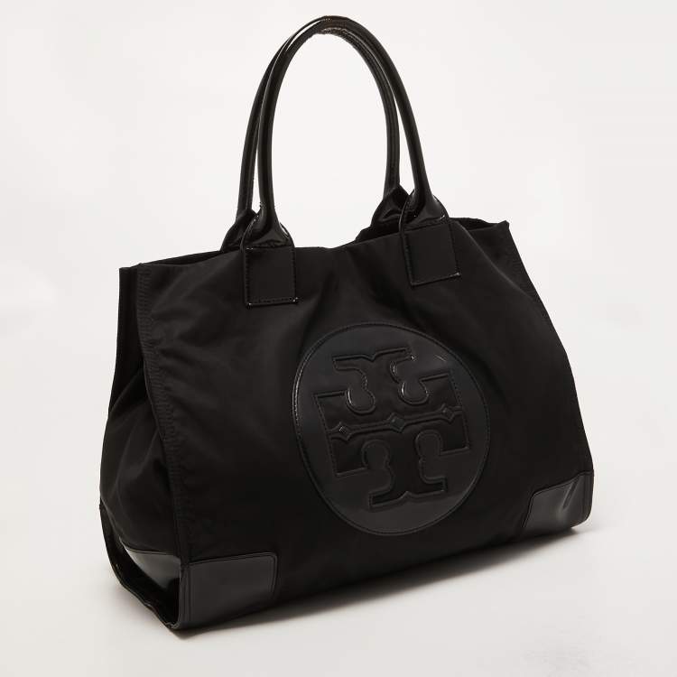 Pre Owned Tory Burch Black Patent Leather and Nylon Large Ella Tote