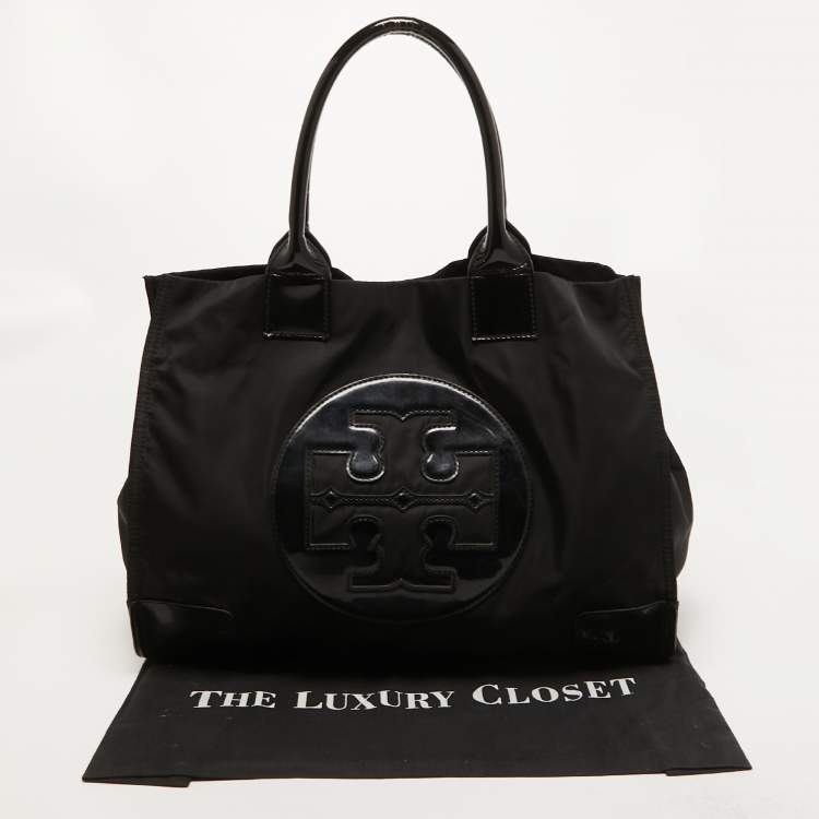 Pre Owned Tory Burch Black Patent Leather and Nylon Large Ella Tote