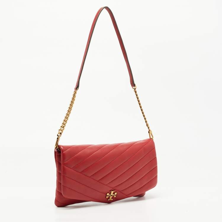 Pre Owned Tory Burch Red Chevron Quilted Leather Kira Wallet On Chain