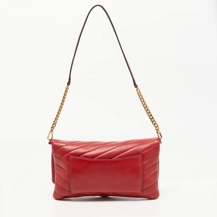 Pre Owned Tory Burch Red Chevron Quilted Leather Kira Wallet On Chain