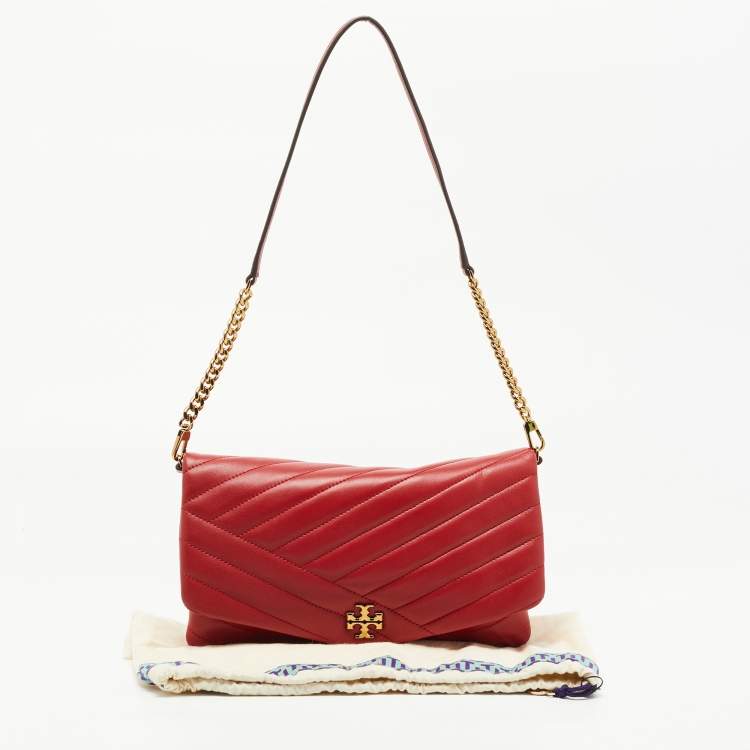 Pre Owned Tory Burch Red Chevron Quilted Leather Kira Wallet On Chain