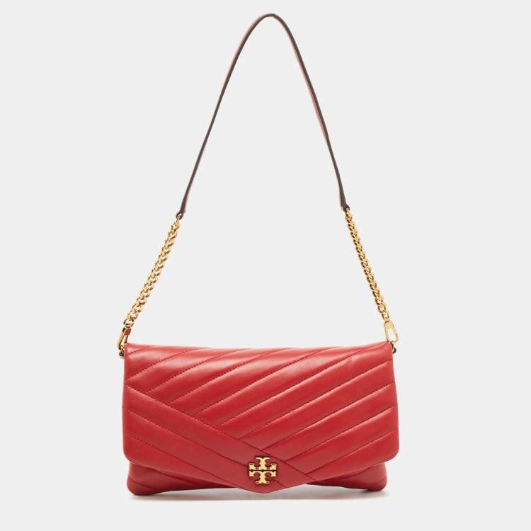 Pre Owned Tory Burch Red Chevron Quilted Leather Kira Wallet On Chain