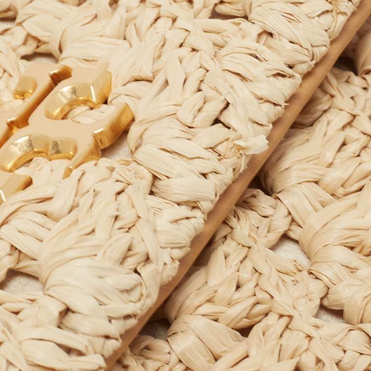 Pre Owned Tory Burch Beige Raffia Crochet Small Kira Shoulder Convertible Bag