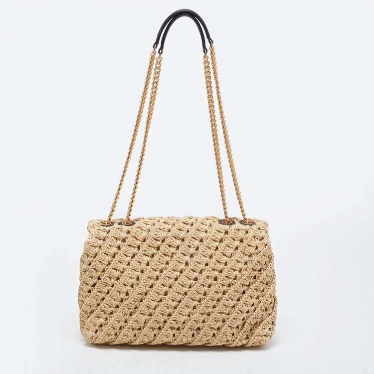 Pre Owned Tory Burch Beige Raffia Crochet Small Kira Shoulder Convertible Bag