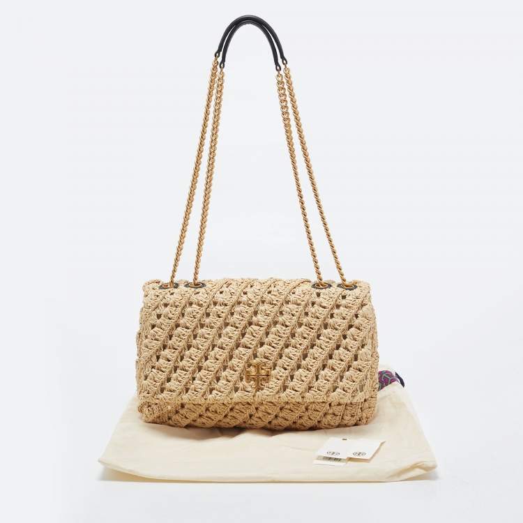 Pre Owned Tory Burch Beige Raffia Crochet Small Kira Shoulder Convertible Bag