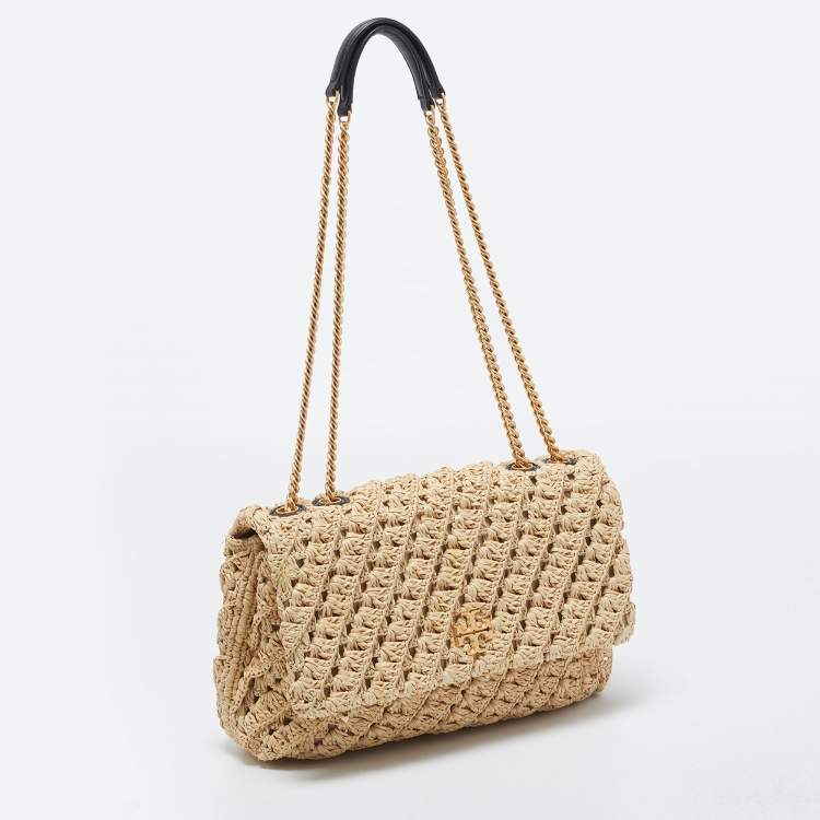 Pre Owned Tory Burch Beige Raffia Crochet Small Kira Shoulder Convertible Bag