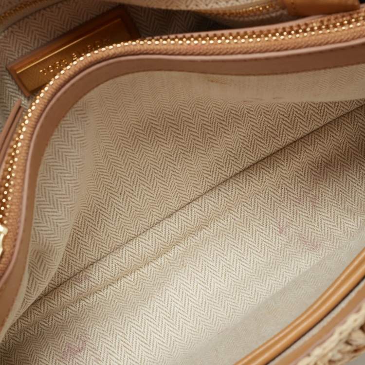 Pre Owned Tory Burch Beige Raffia Crochet Small Kira Shoulder Convertible Bag