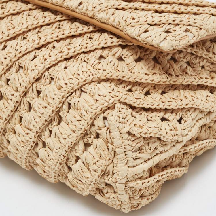 Pre Owned Tory Burch Beige Raffia Crochet Small Kira Shoulder Convertible Bag