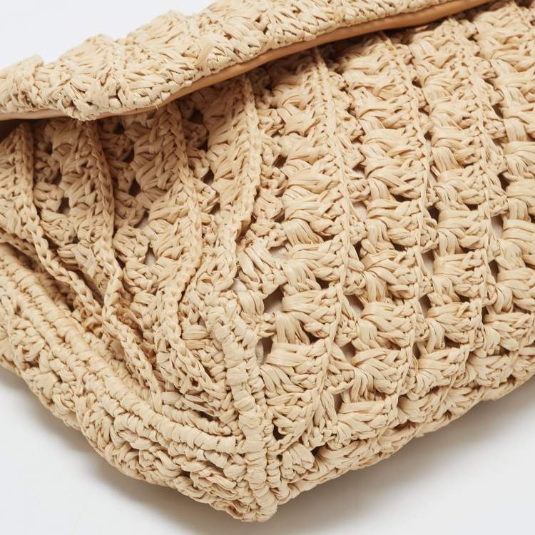 Pre Owned Tory Burch Beige Raffia Crochet Small Kira Shoulder Convertible Bag