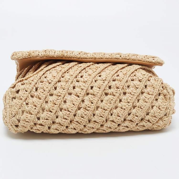 Pre Owned Tory Burch Beige Raffia Crochet Small Kira Shoulder Convertible Bag