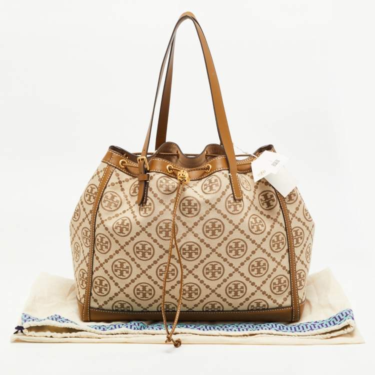 مملوكة مسبقًا Tory Burch Beige T Monogram Jacquard Canvas and Leather Tote