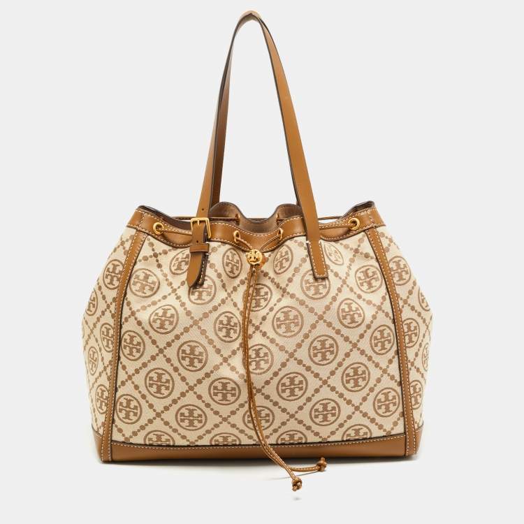 Tory Burch T Monogram Coated Canvas Tote In Black/gold | ModeSens