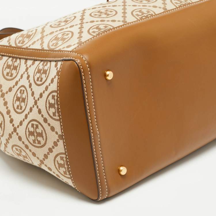 مملوكة مسبقًا Tory Burch Beige T Monogram Jacquard Canvas and Leather Tote