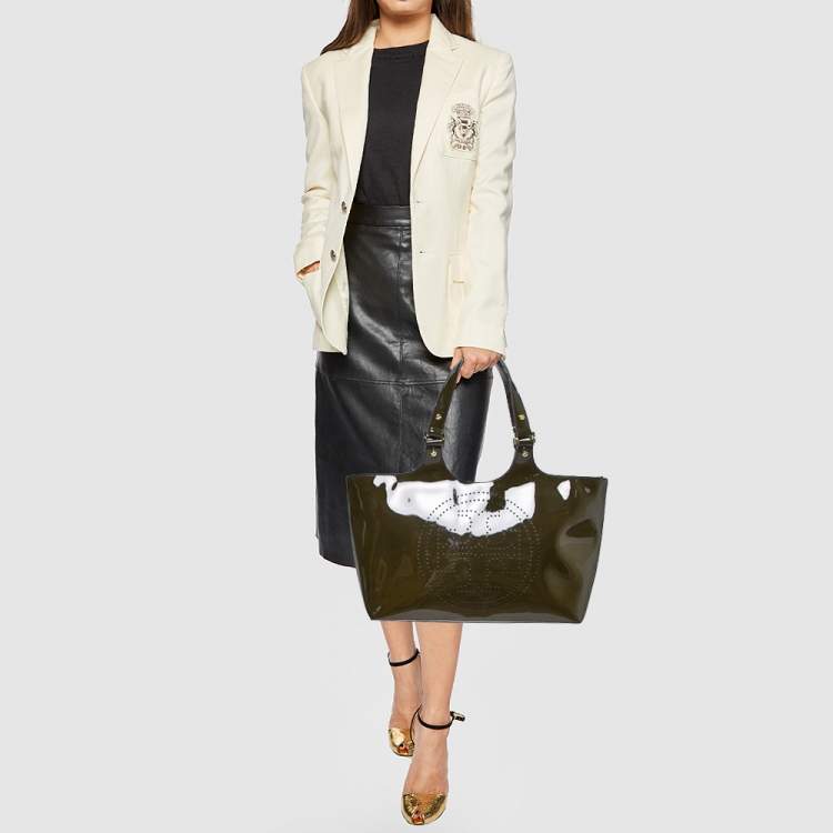 Pre Owned Tory Burch Dark Olive Green Patent Leather Perforated Tote