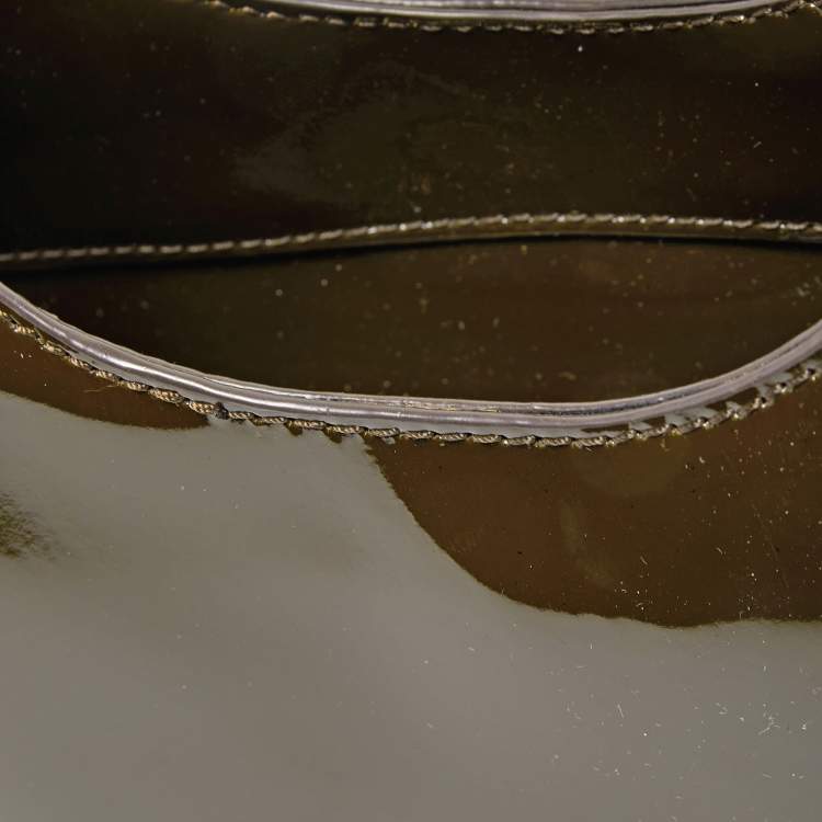 Pre Owned Tory Burch Dark Olive Green Patent Leather Perforated Tote