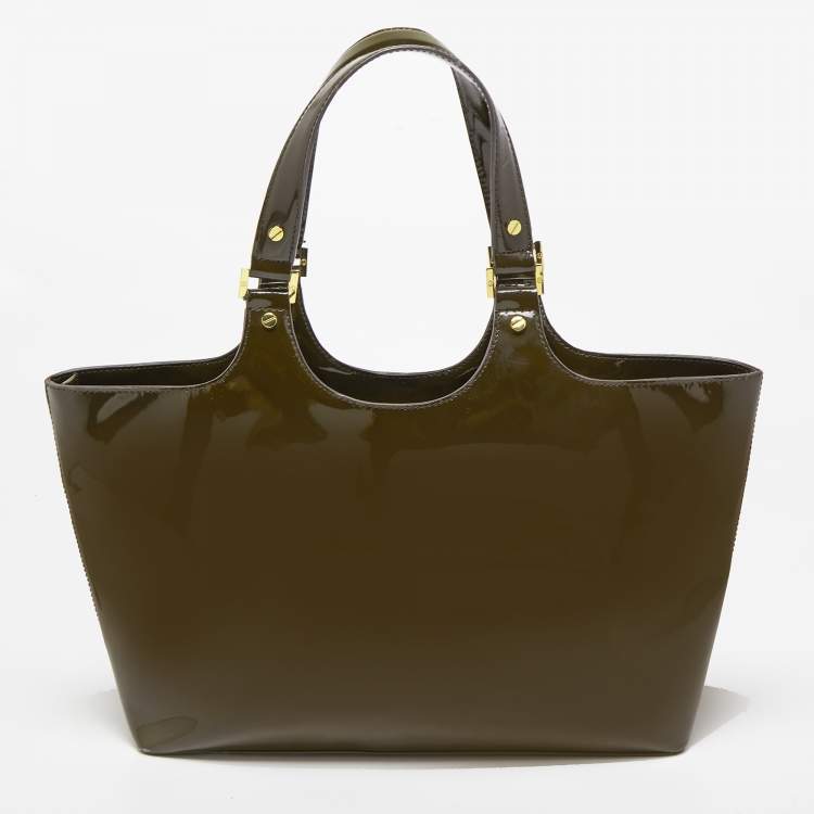 Pre Owned Tory Burch Dark Olive Green Patent Leather Perforated Tote