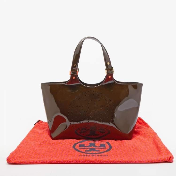 Pre Owned Tory Burch Dark Olive Green Patent Leather Perforated Tote