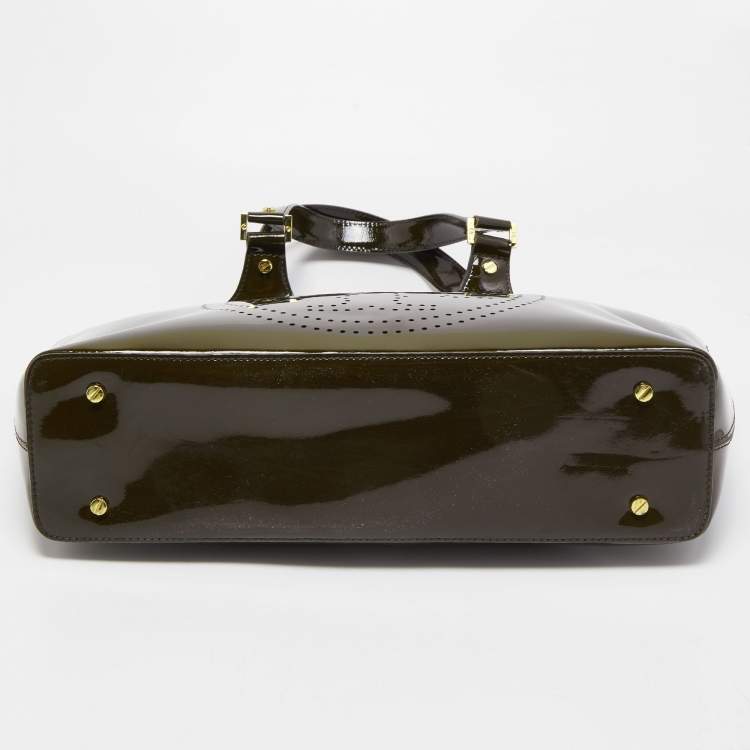 Pre Owned Tory Burch Dark Olive Green Patent Leather Perforated Tote